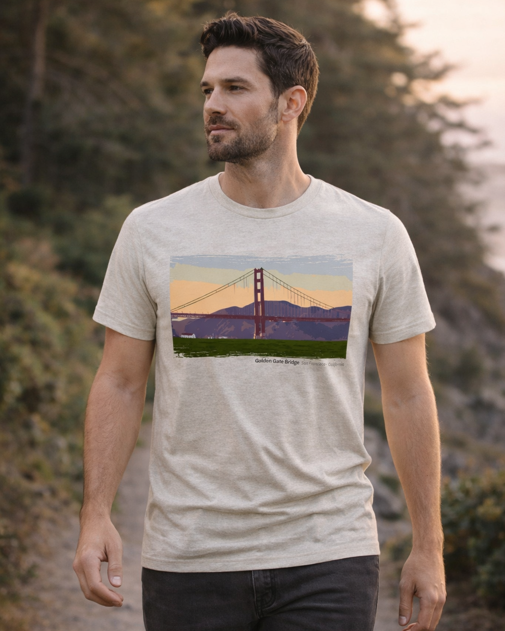 Man wearing a t-shirt with a graphic of the Golden Gate Bridge.