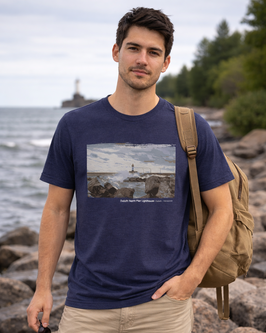 Man wearing a navy blue t-shirt with a scenic print, standing on rocks by a body of water.
