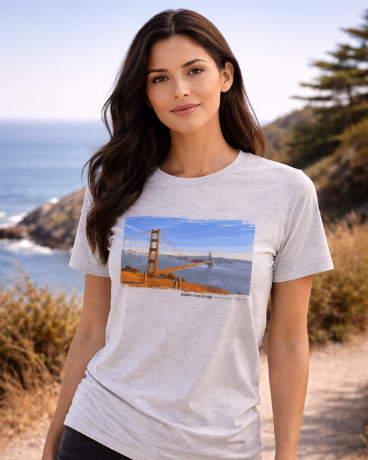 Woman wearing a t-shirt with a graphic of the Golden Gate Bridge.