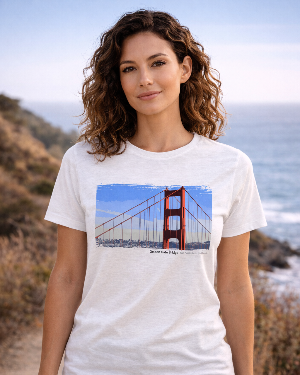 Woman wearing a white t-shirt with a graphic of the Golden Gate Bridge.