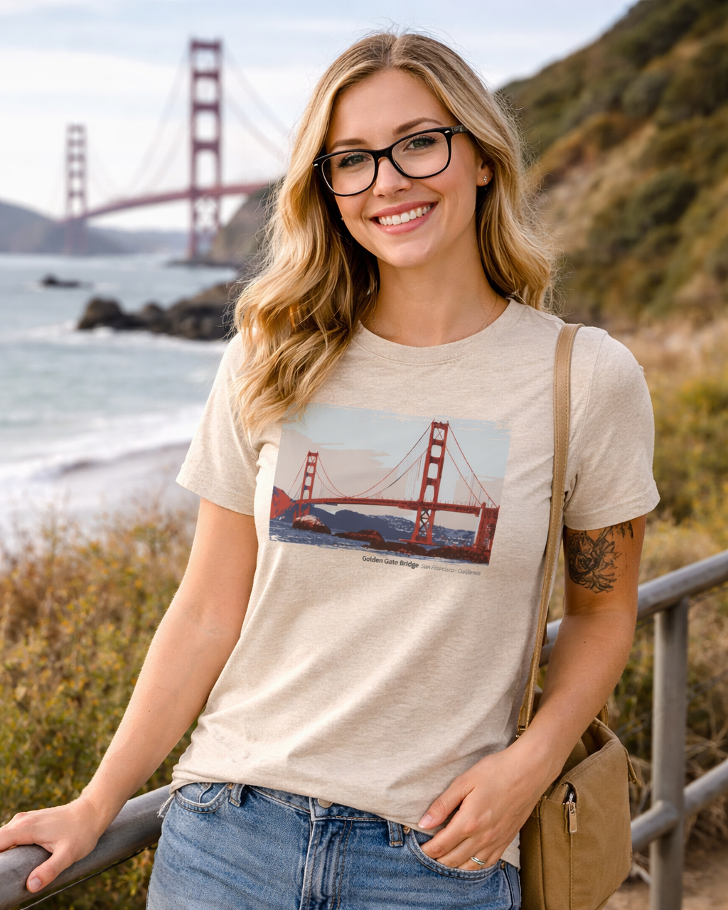 Woman wearing a t-shirt with a Golden Gate Bridge graphic at a scenic location.