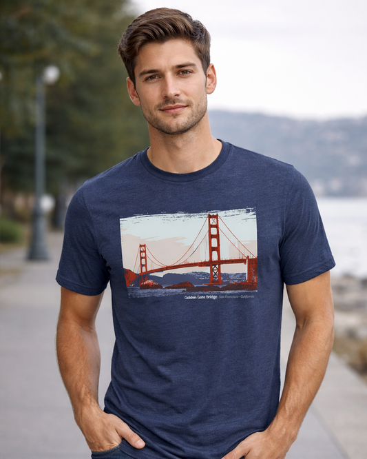 Man wearing a navy blue t-shirt with a graphic of the Golden Gate Bridge.