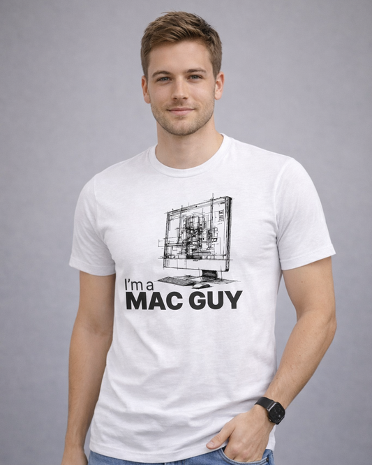 Man wearing a white t-shirt with 'I'm a MAC Guy' graphic and text on a gray background