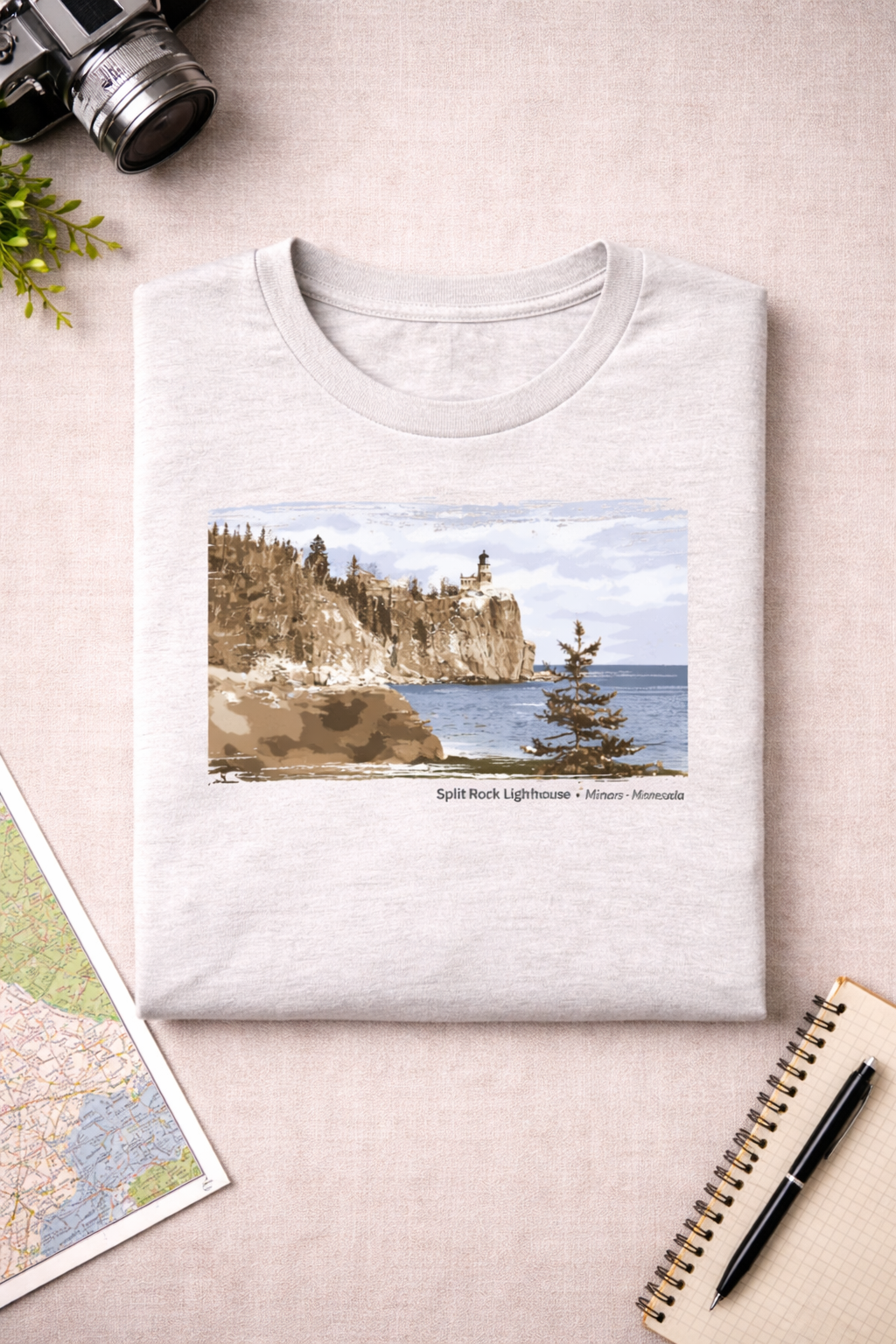 Split Rock Lighthouse Cliffside Sentinel View T-Shirt — Light Colors (12 Options)