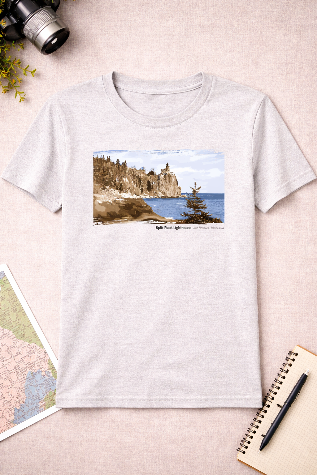 Split Rock Lighthouse Cliffside Sentinel View T-Shirt — Light Colors (12 Options)