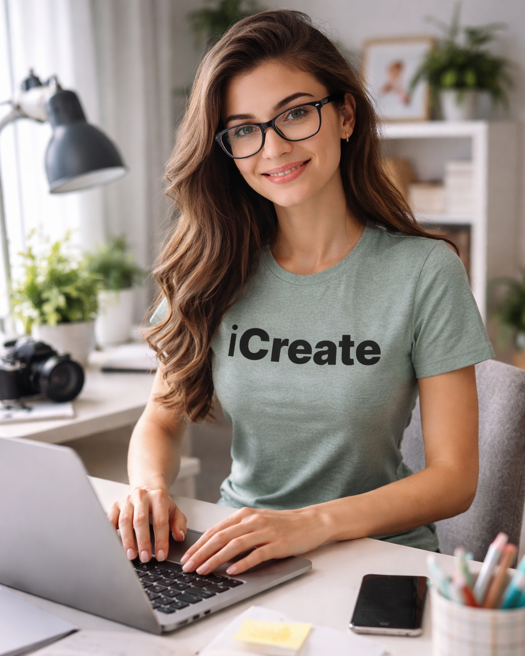 Woman wearing a 'iCreate' shirt sitting at a desk with a laptop.