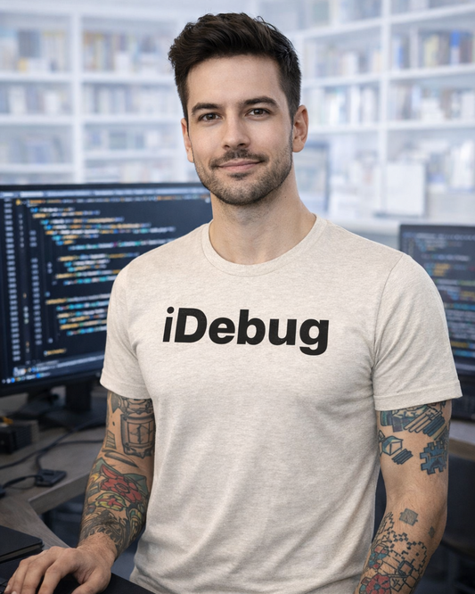 Man wearing a t-shirt with 'iDebug' text in a computer lab setting