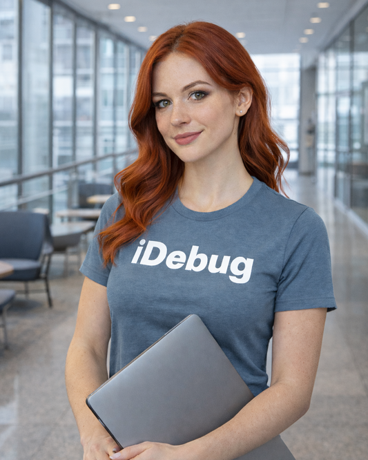 Person wearing a blue t-shirt with 'iDebug' holding a laptop in an indoor setting