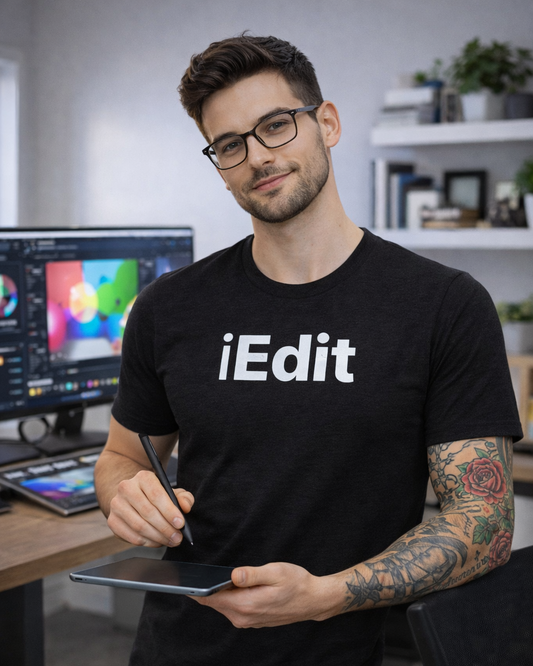 Man wearing a black t-shirt with 'iEdit' text, holding a tablet in an office setting.