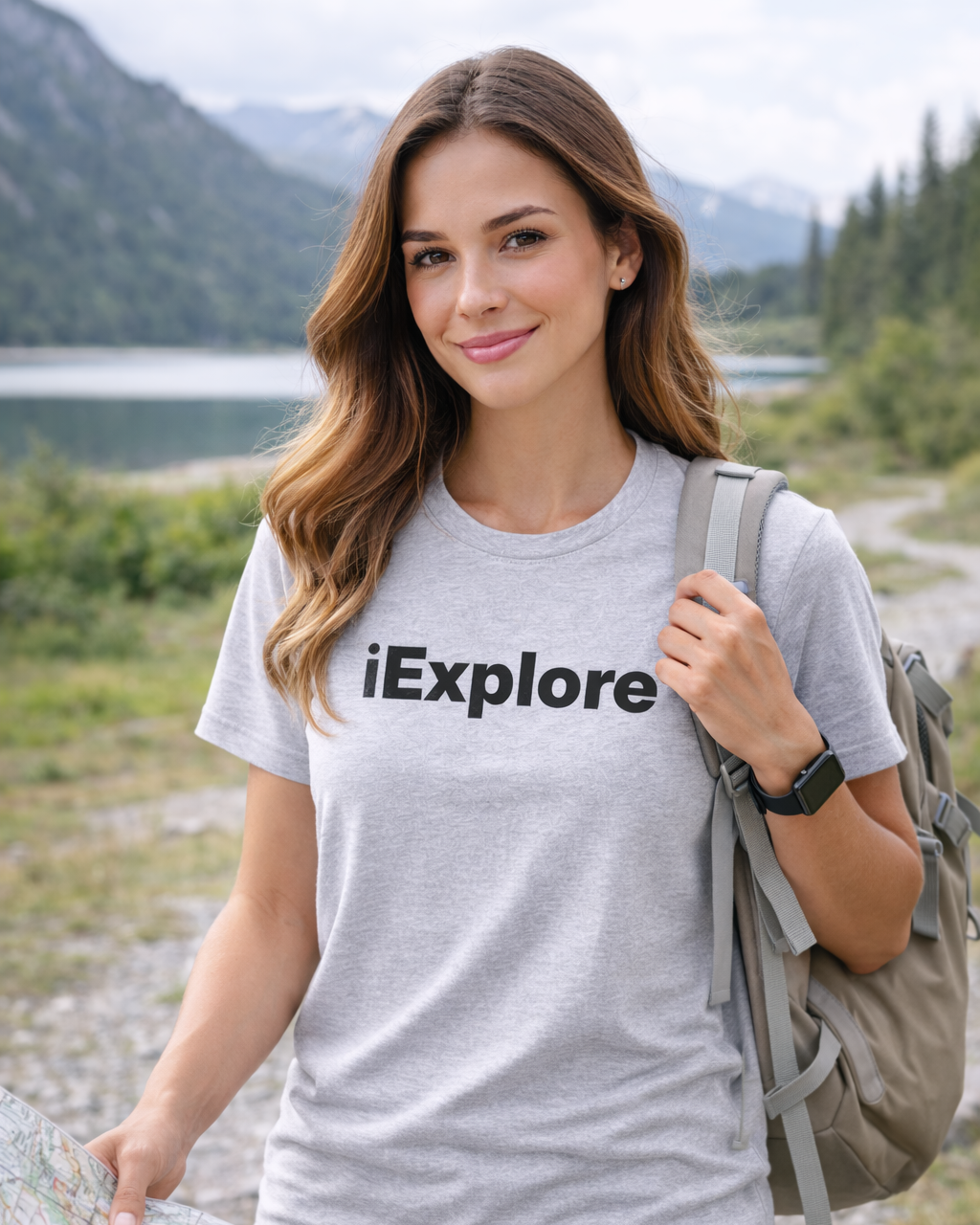 Woman wearing a 'iExplore' t-shirt with a backpack and map, standing in a scenic outdoor setting.