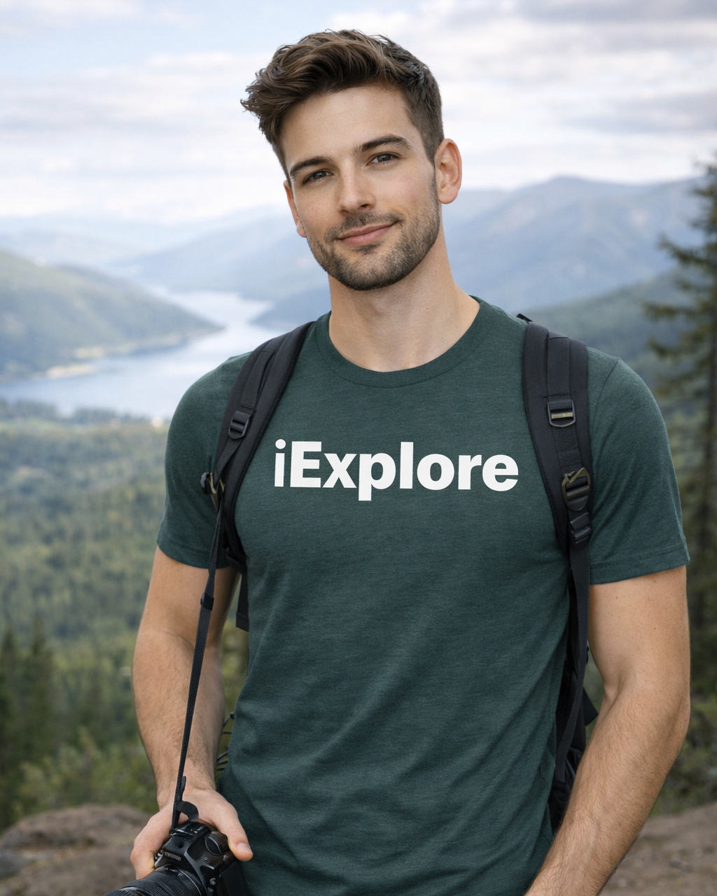 Man wearing a green 'iExplore' t-shirt with a scenic background