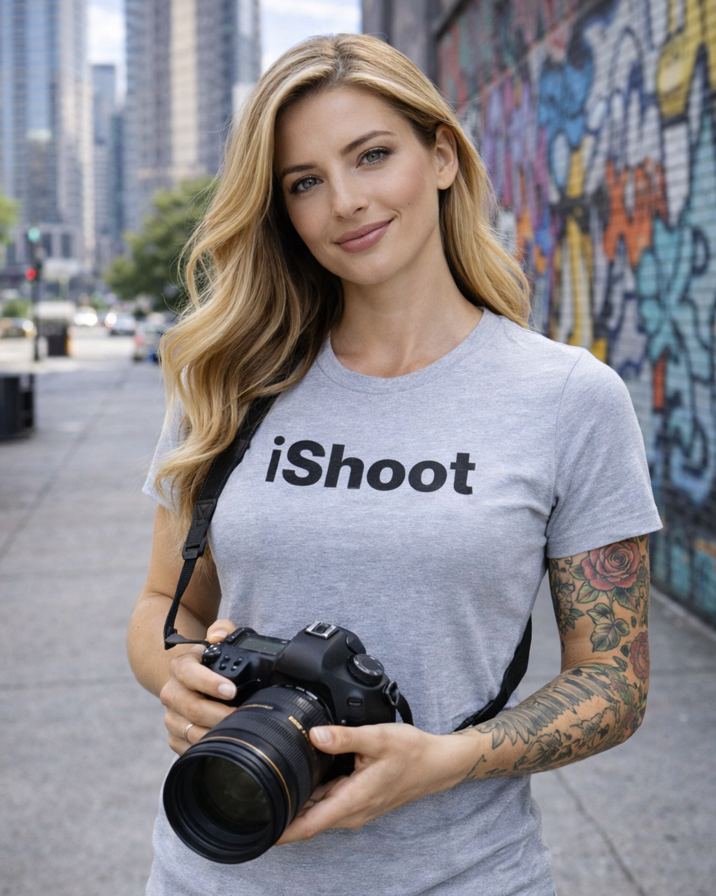 Woman wearing a 'iShoot' t-shirt holding a camera in an urban setting with graffiti.