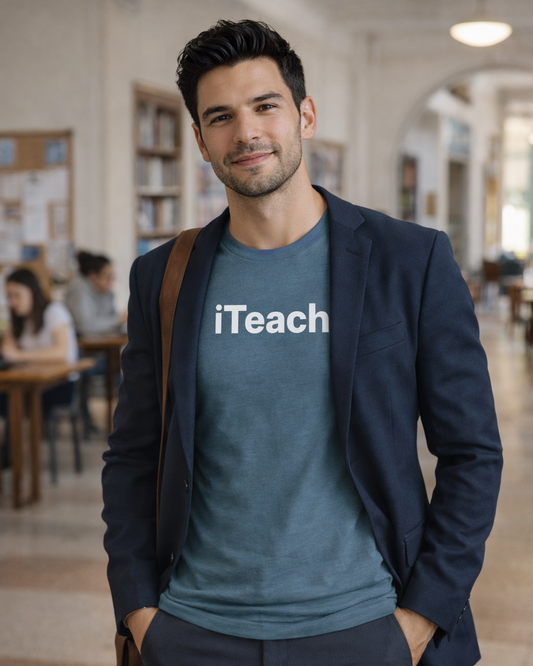 Man wearing a blue 'iTeach' shirt in a library setting